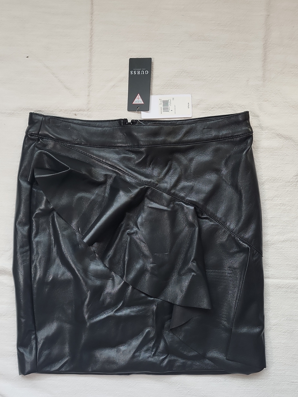 GUESS Black Faux Leather Mini Skirt with Ruffle Detail